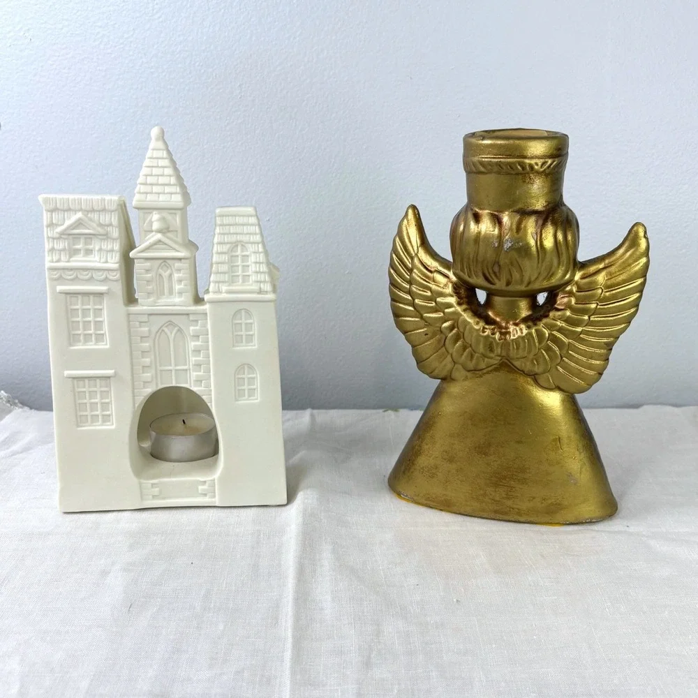 Vintage PartyLite White Bisque Carolers & Gold Ceramic Angel Candle Holder Set